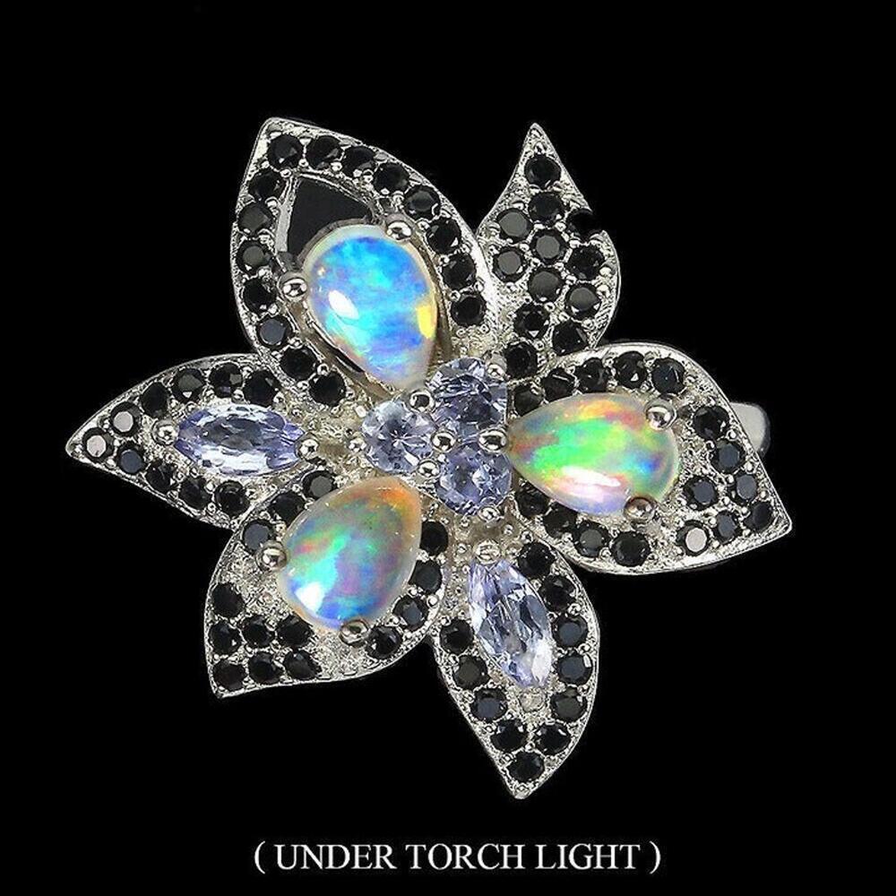 Fire Opal & Black Spinel Tanzanite 925 Sterling Silver Ring Size 9.25 - Picture 2 of 8